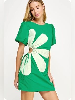 Green Floral Cutout Mini Dress